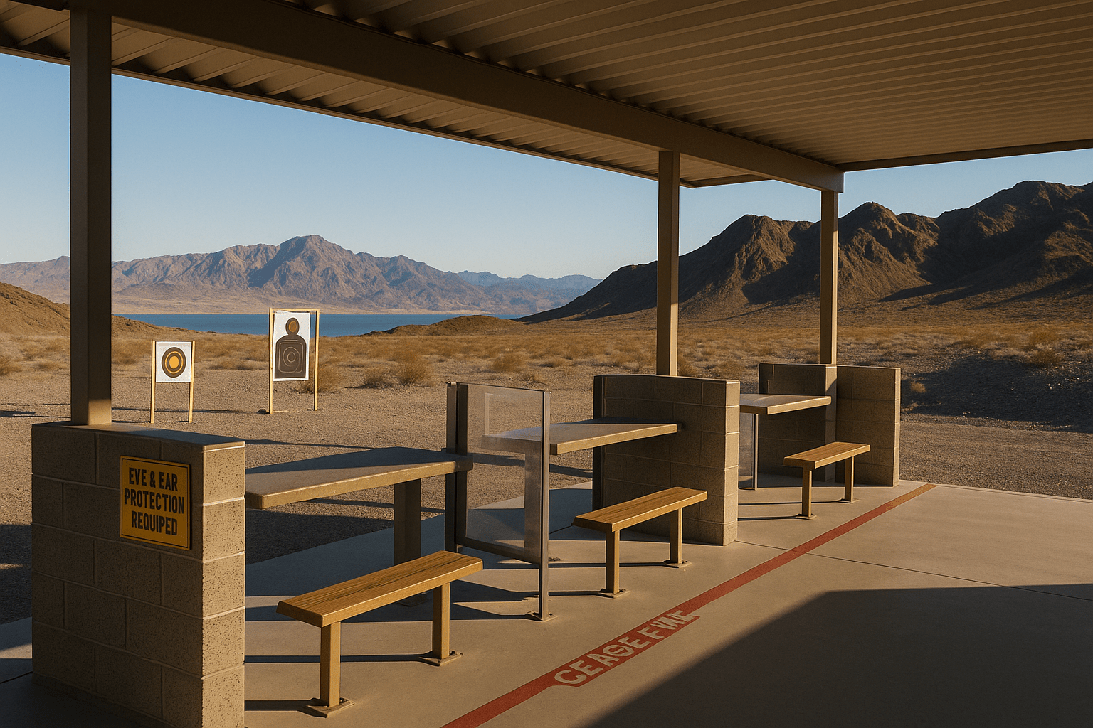 Boulder City Nevada outdoor shooting range with multiple firing lanes, target stands, and desert mountain backdrop