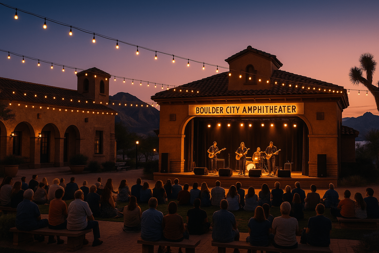 Boulder City Nevada outdoor concert venues featuring historic downtown amphitheater with live music performance stage and mountain backdrop