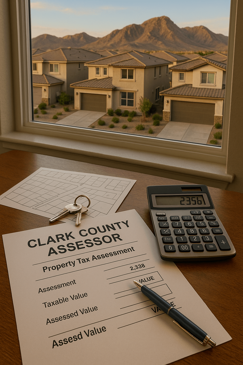Enterprise Nevada property tax assessment featuring modern community homes with Clark County Assessor documentation and tax calculations