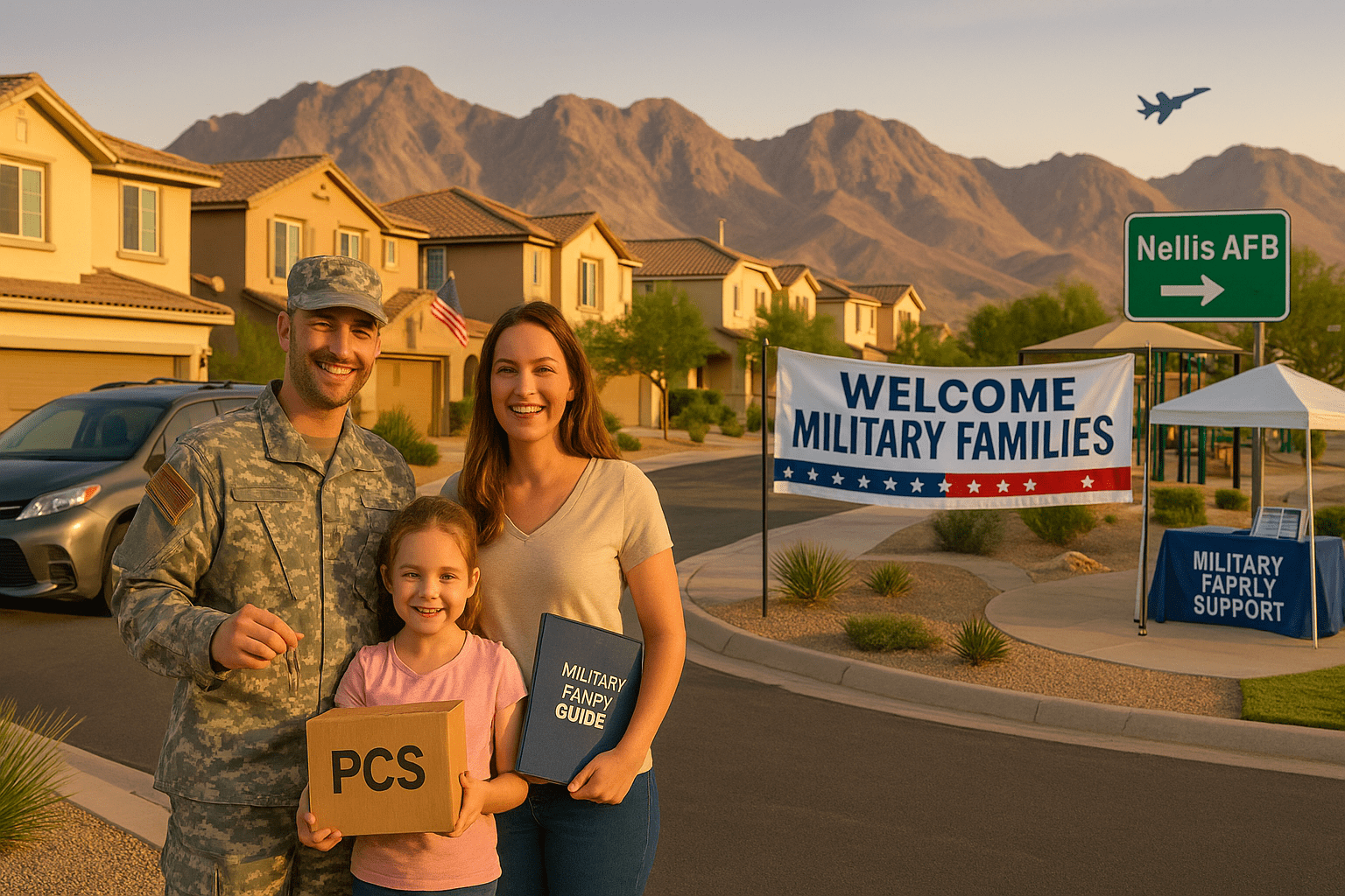 Enterprise Nevada military family relocation PCS housing featuring family-friendly neighborhoods near Nellis Air Force Base with suburban homes and military community support