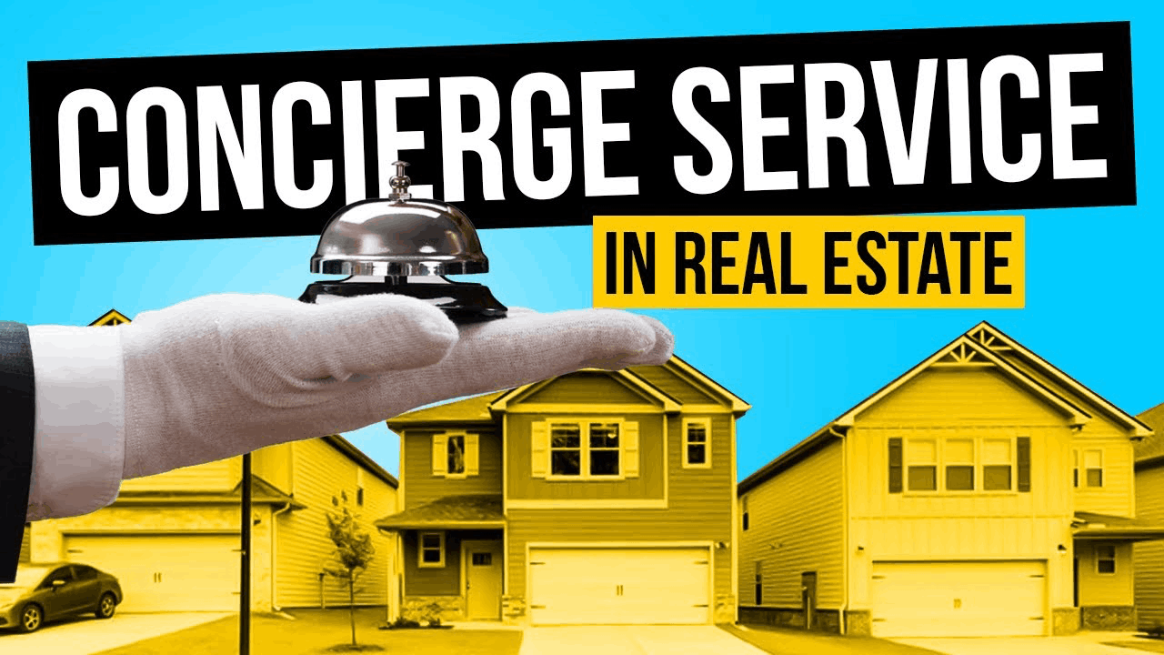 Concierge service concept in real estate visualized with a hand holding a service bell and houses in the background
