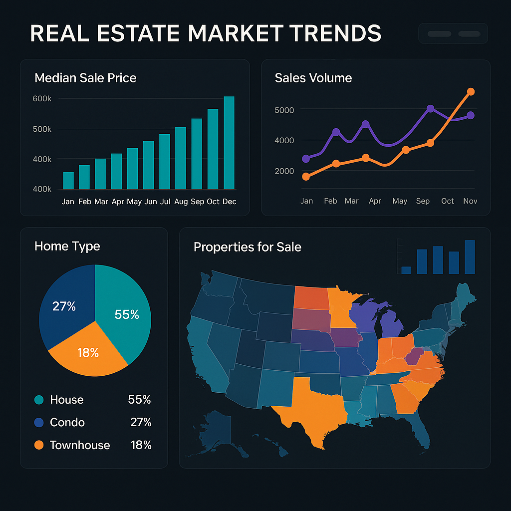 Dashboard-style screen showing charts, graphs, and maps of real estate market trends and data analytics interface