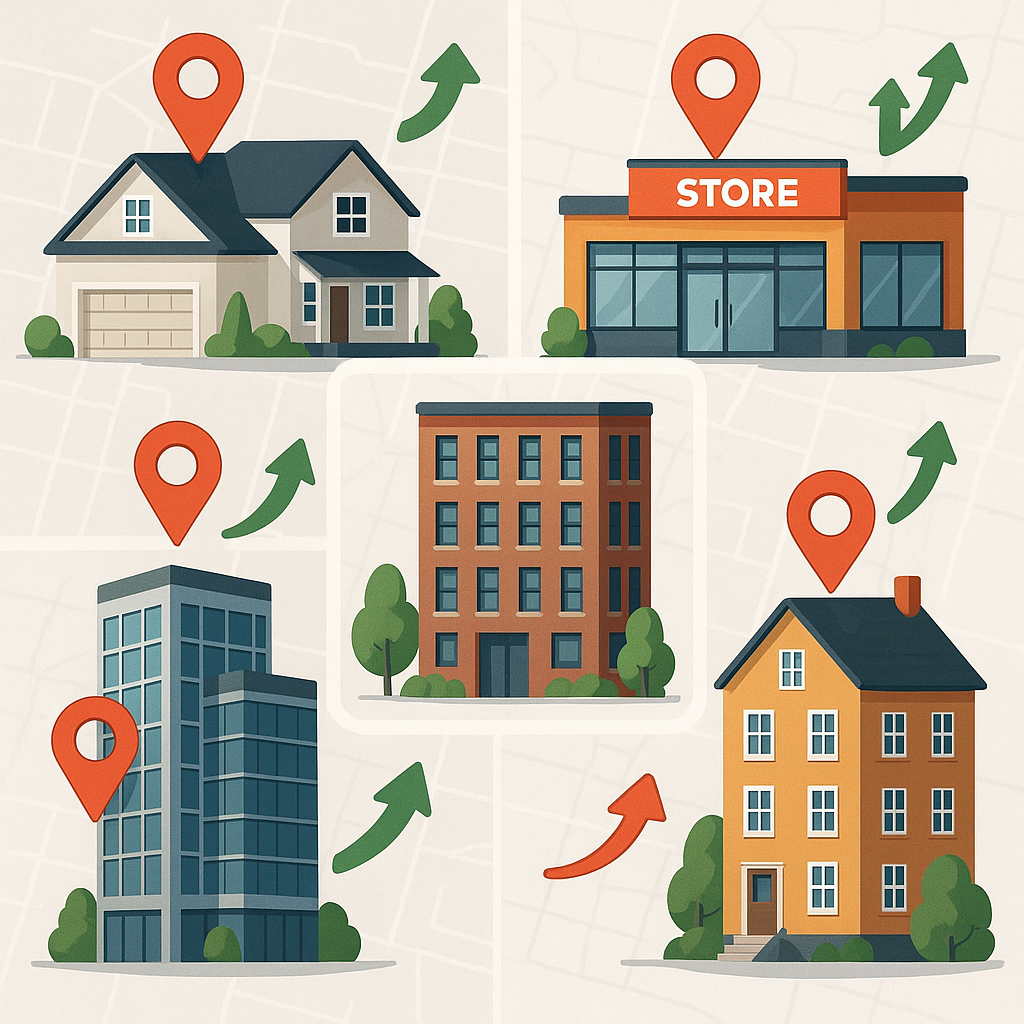 Collage of multiple investment properties with value growth arrows and map markers