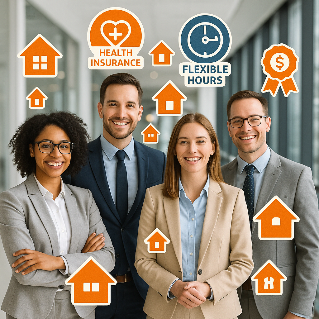 Happy employees in an office with house icons and perks badges floating around representing real estate benefits