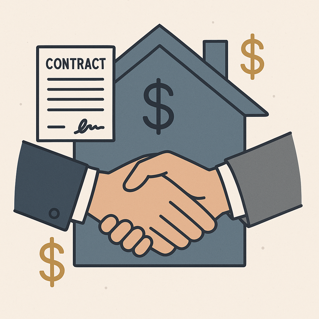 Illustration of negotiation showing two hands shaking over a house silhouette with contract and dollar signs