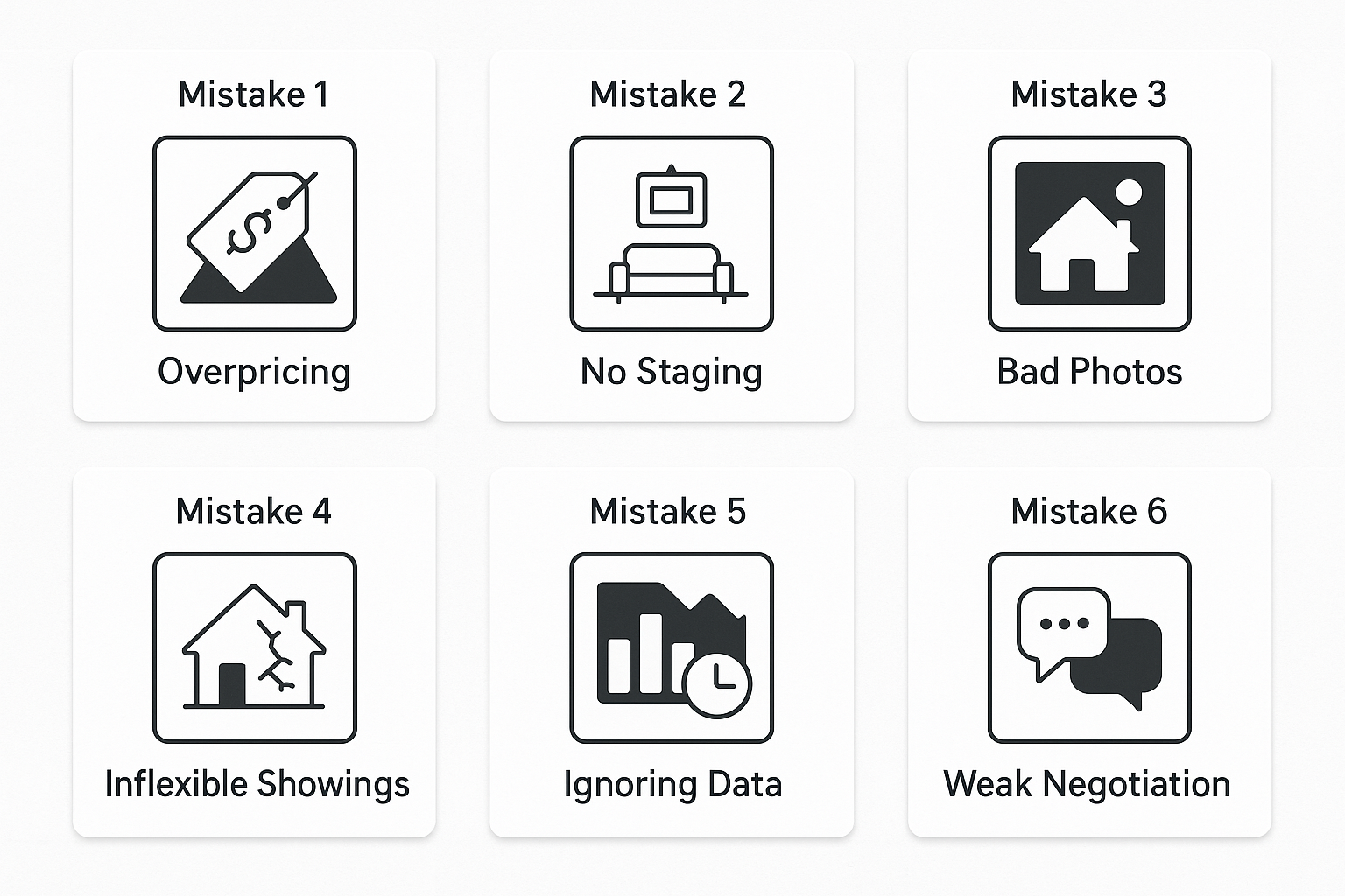 Grid of seven photo icons labeled: Mistake 1 Overpricing, Mistake 2 No Staging, Mistake 3 Bad Photos, Mistake 4 Repair Neglect, Mistake 5 Inflexible Showings, Mistake 6 Ignoring Data, Mistake 7 Weak Negotiation.