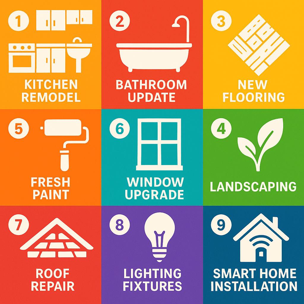 Vibrant grid infographic showing top 10 home improvement projects: 1 Kitchen Remodel, 2 Bathroom Update, 3 New Flooring, 4 Landscaping, 5 Fresh Paint, 6 Roof Repair, 7 Window Upgrade, 8 Lighting Fixtures, 9 Curb Appeal, 10 Smart Home Installation.
