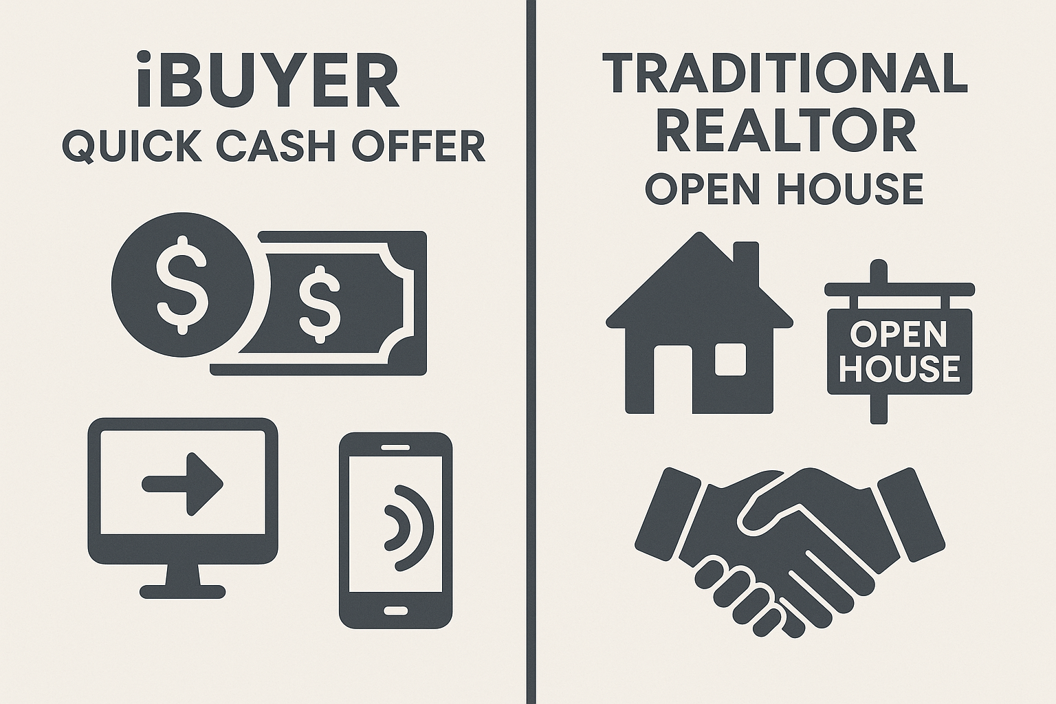 Split screen comparison of iBuyer quick cash offer vs traditional realtor open house with representative icons