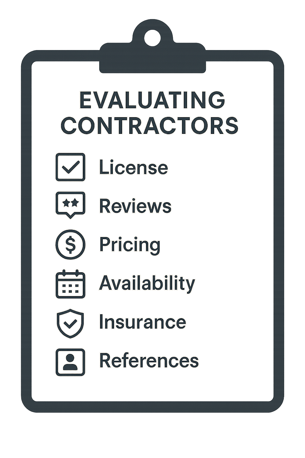 Checklist clipboard infographic with icons for license, reviews, pricing, availability, insurance, references to illustrate contractor selection criteria.