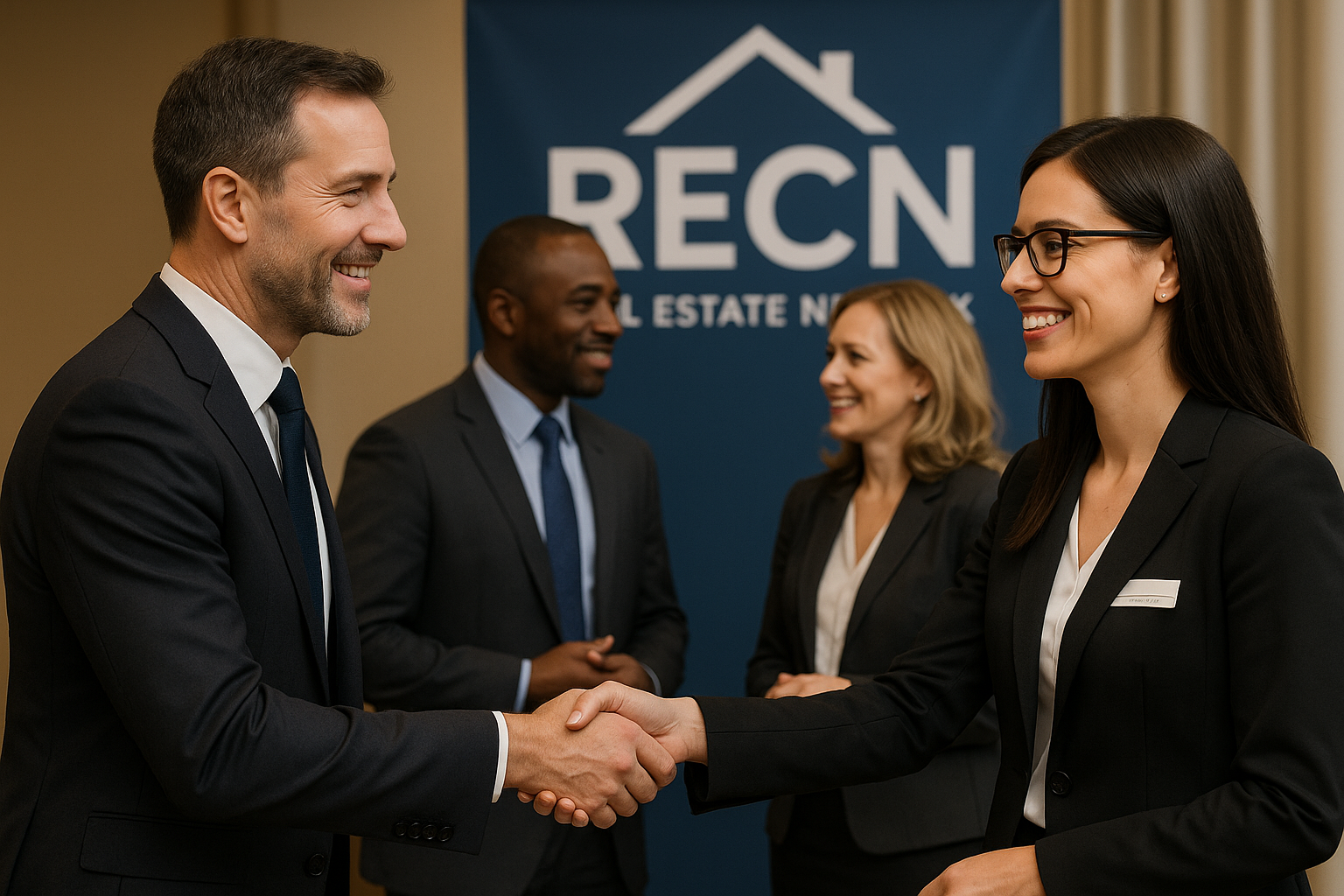 Professional real estate agents shaking hands at networking event with RECN branding visible