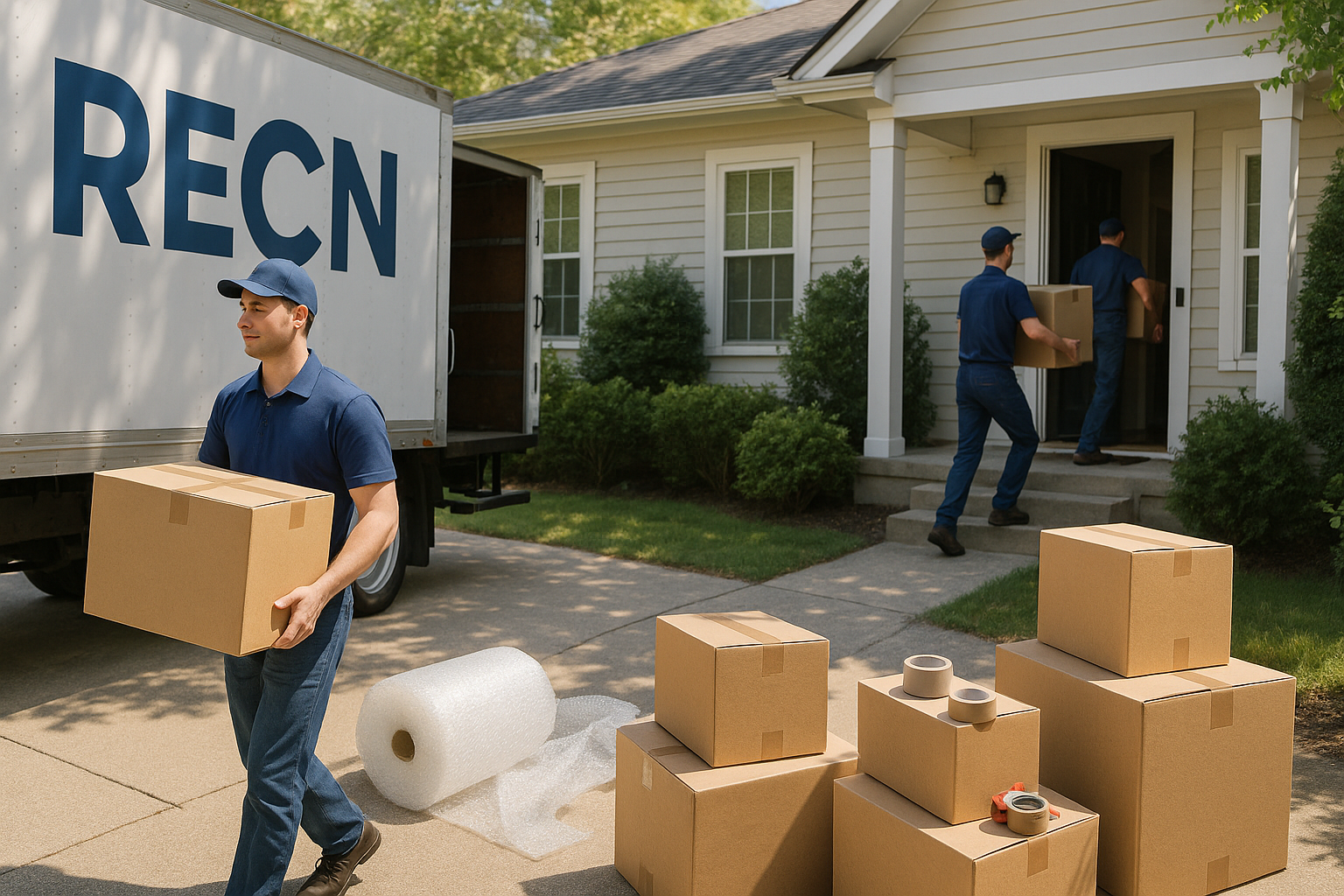 Photo-realistic moving day scene with movers carrying boxes into a home, packing supplies, and a RECN-branded truck