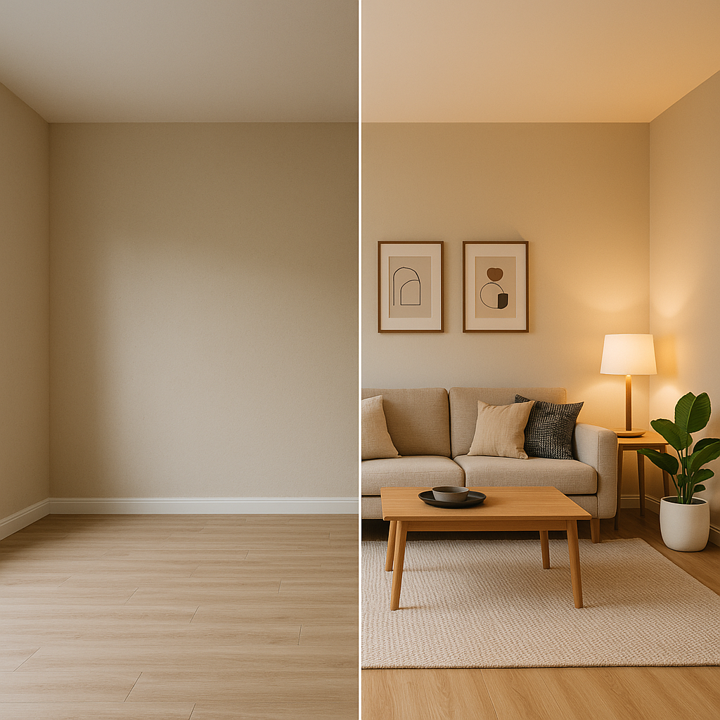 Split-view of an empty room versus the same room professionally staged, illustrating the impact of home staging.
