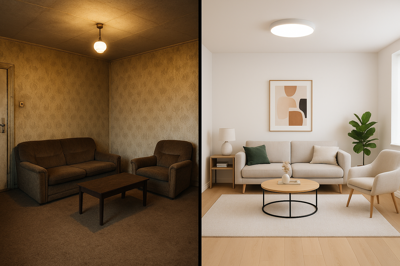 Split-screen showing an outdated room on the left and a modern, beautifully renovated room on the right, illustrating dramatic home renovation transformation and RECN coordination impact.