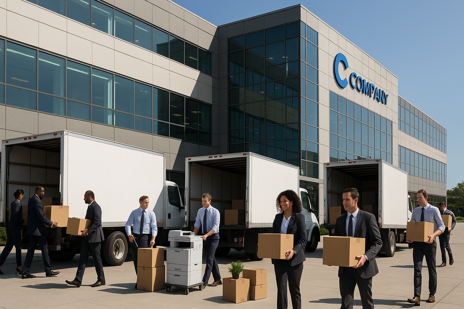 Professional corporate relocation scene with moving trucks, employees with boxes, and office building backdrop