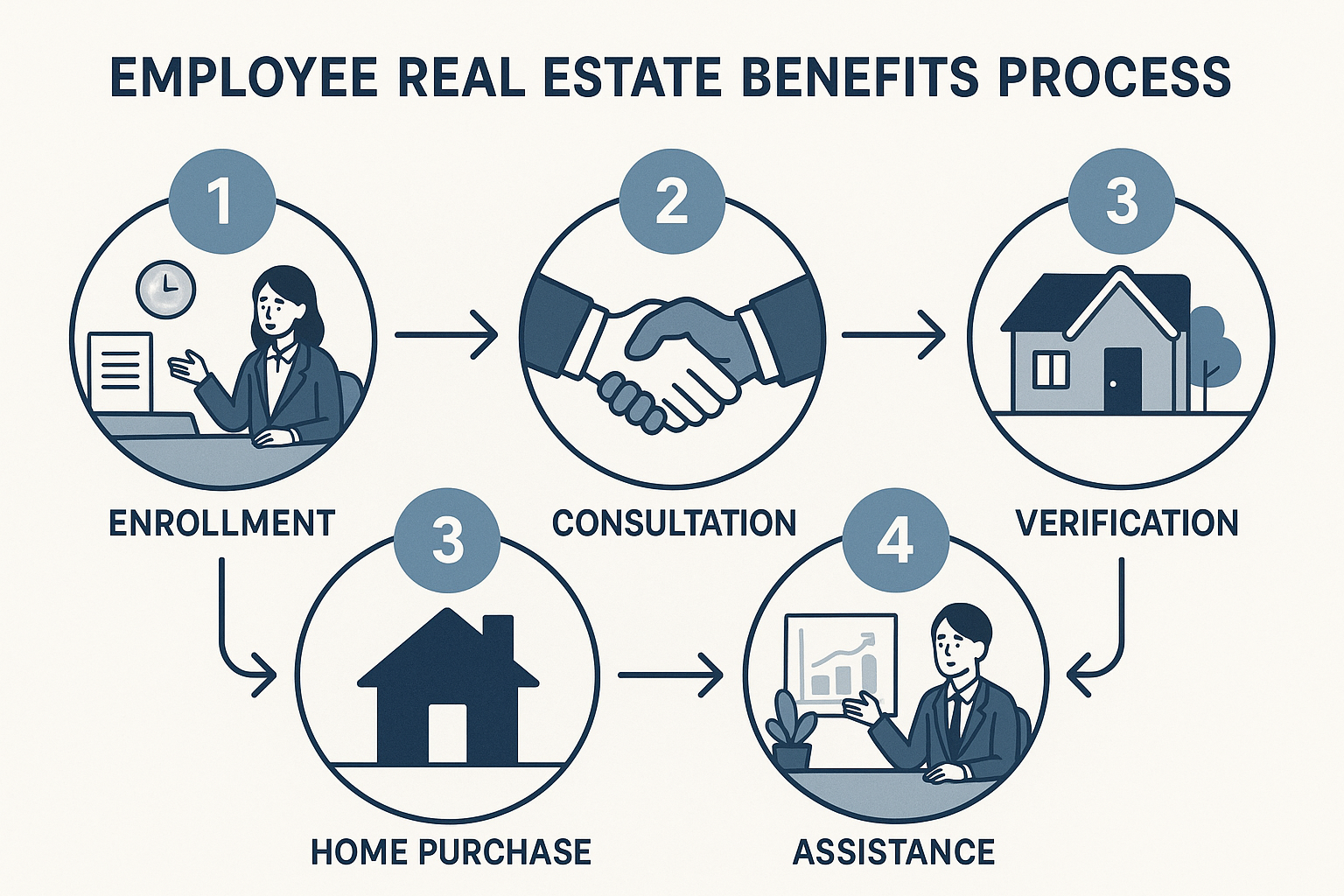 Step-by-step infographic guide showing employee real estate benefits process with numbered steps, icons, and professional corporate HR setting illustrating the complete implementation workflow