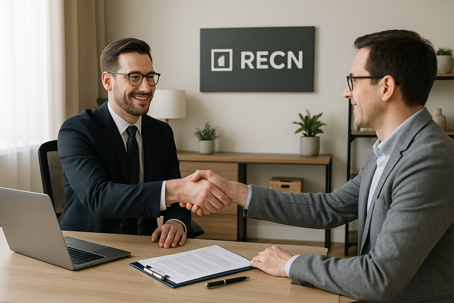 Professional handshake between agent and client in home office with RECN branding, symbolizing loyalty