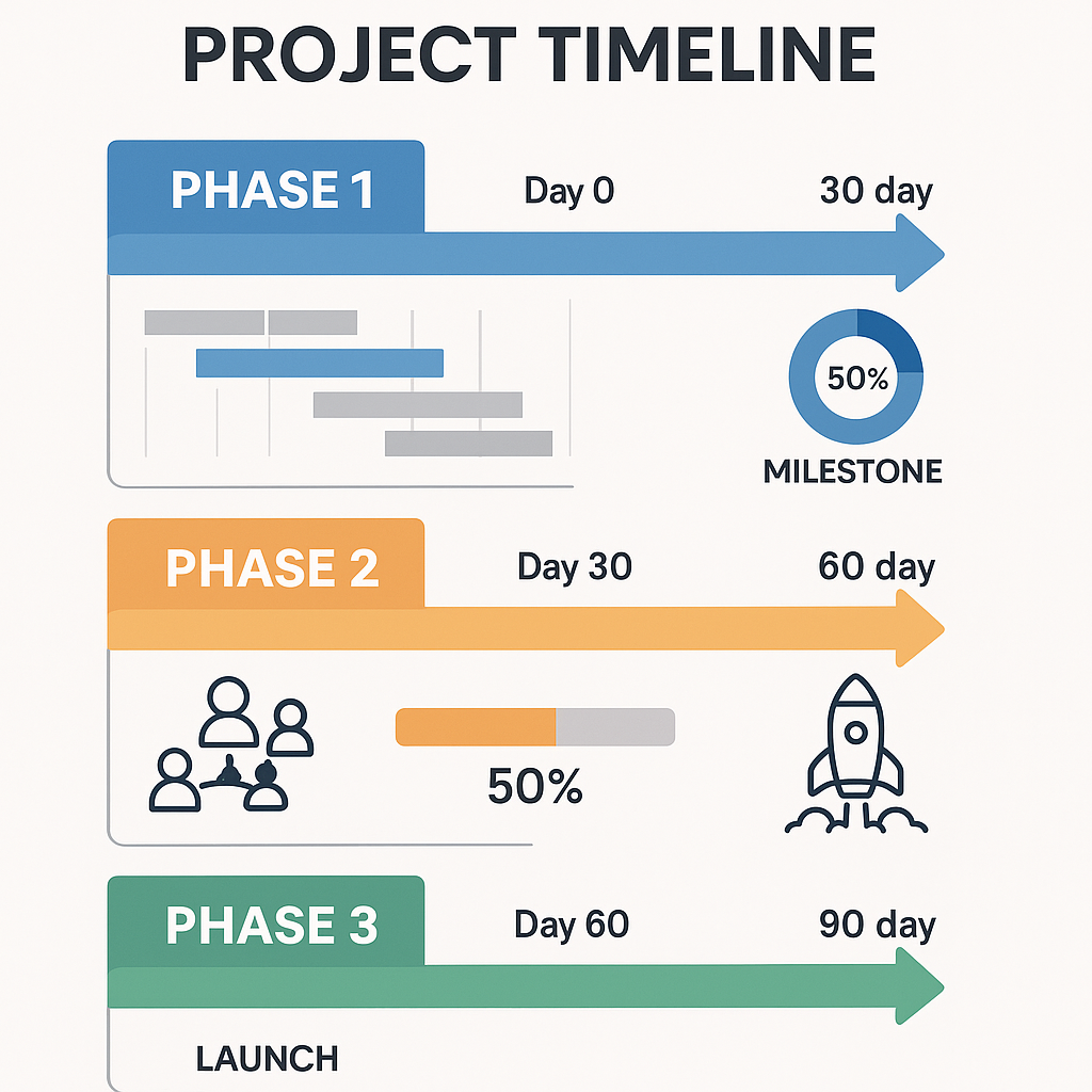 Employee housing assistance implementation timeline showing 90-day launch strategy and project phases