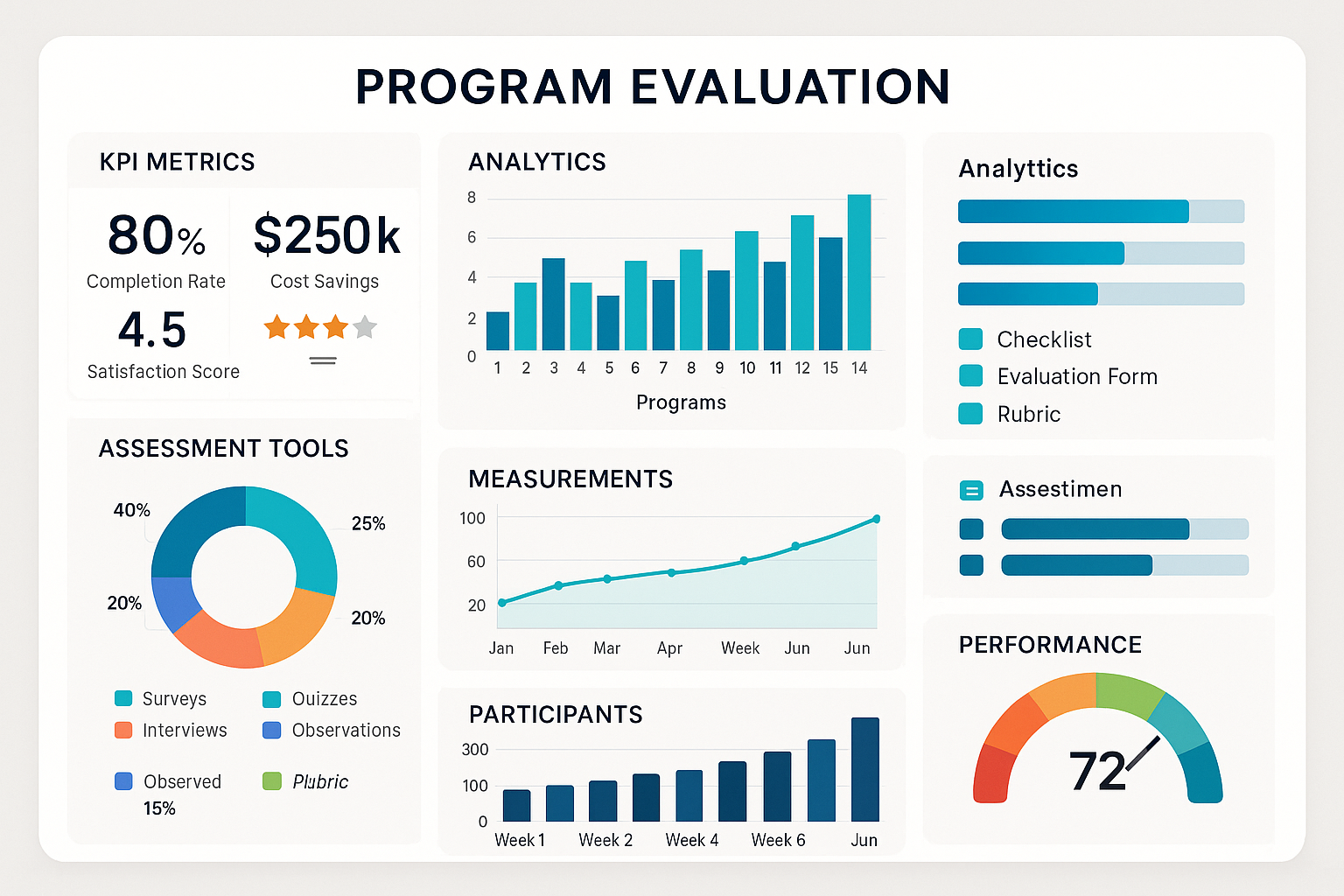 Employee housing benefit program evaluation infographic showing assessment tools and success metrics dashboard