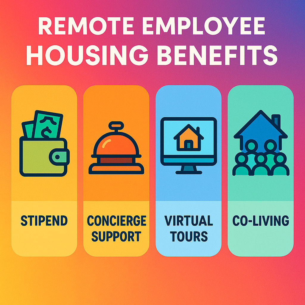 Vibrant infographic for remote employee housing benefits featuring bold icons and gradient background