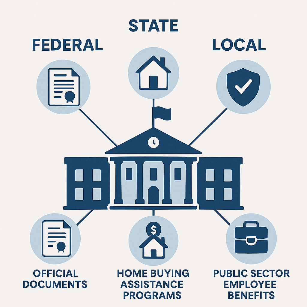 Government employee home buying benefits infographic showing federal, state, and local programs
