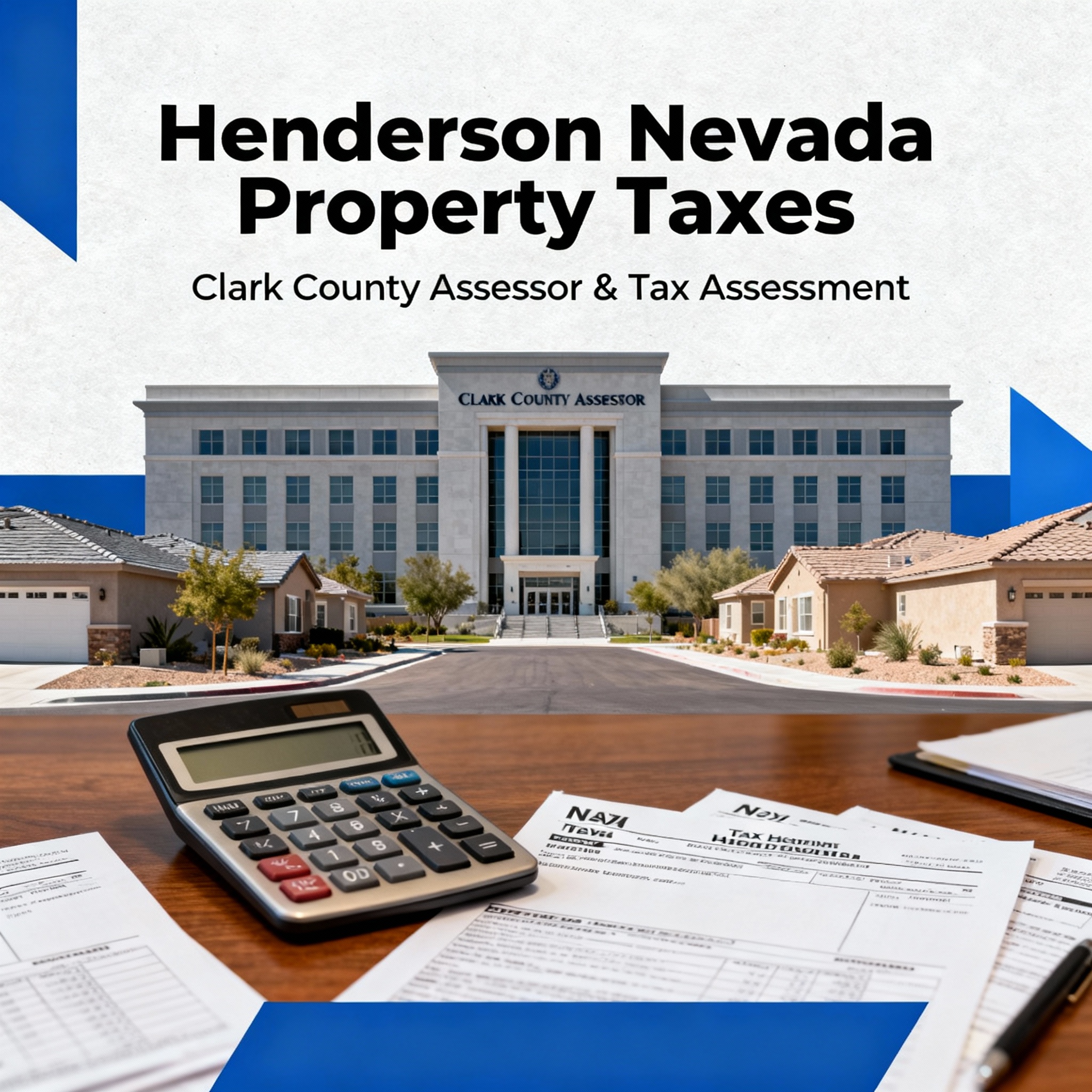 Henderson Nevada Property Taxes showing Clark County Assessor building, calculator with tax documents, and Henderson residential homes representing property tax assessment