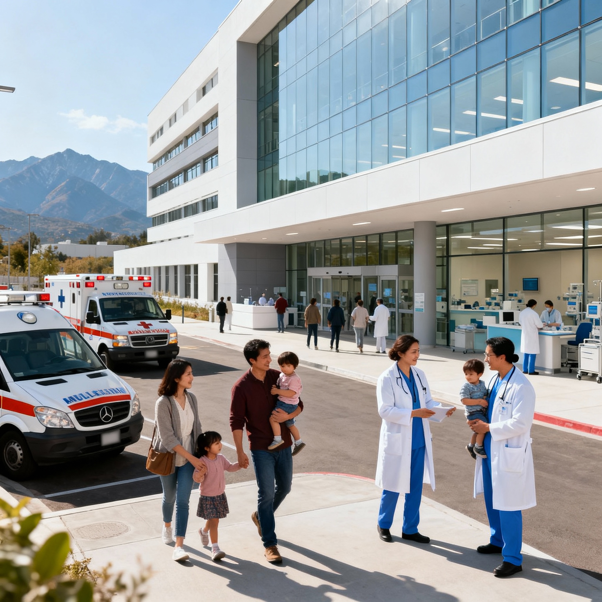 Henderson Nevada Healthcare showing modern hospitals, medical professionals, families with children, emergency services, and comprehensive medical facilities with mountains in background