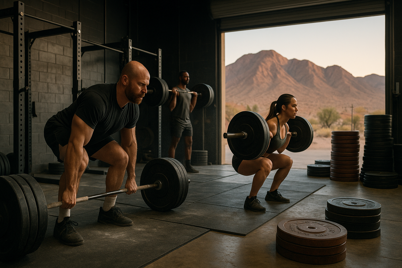Henderson Nevada powerlifting gym interior featuring competition-grade barbells, heavy weight plates, and serious strength training equipment with athletes training in desert mountain setting