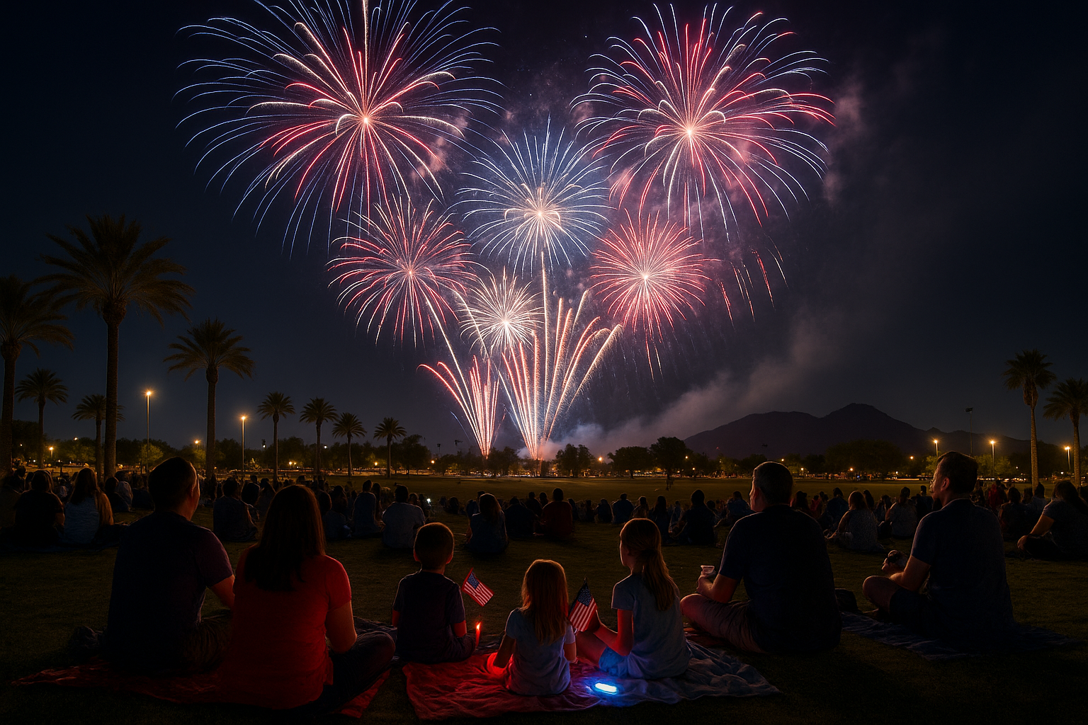 Henderson Nevada Fourth of July fireworks lighting up the night sky over Heritage Park with families watching from blankets on the grass in desert mountain setting