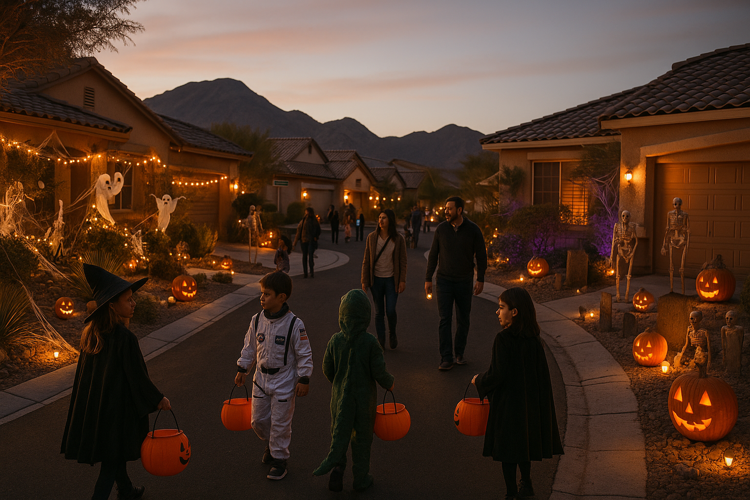 Henderson Nevada neighborhood decorated for Halloween with elaborate decorations, jack-o-lanterns, and spooky displays with families trick-or-treating in desert mountain setting