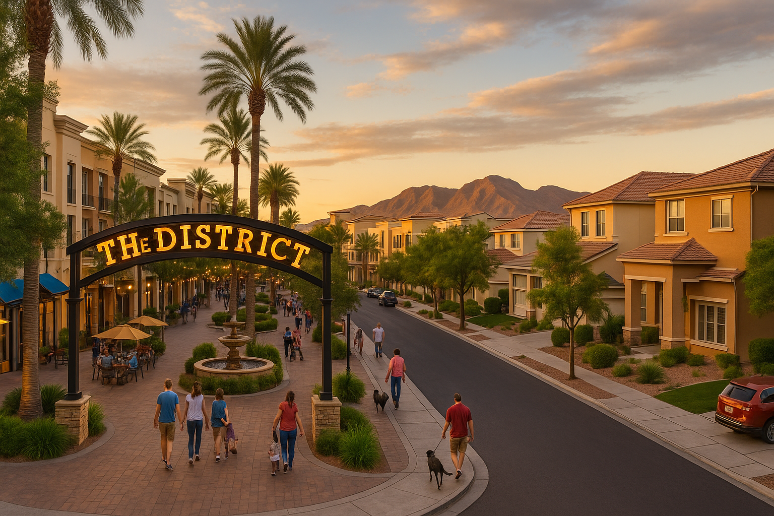 Green Valley Henderson Nevada master-planned community showing The District shopping center, mature landscaping, family homes, and mountain backdrop