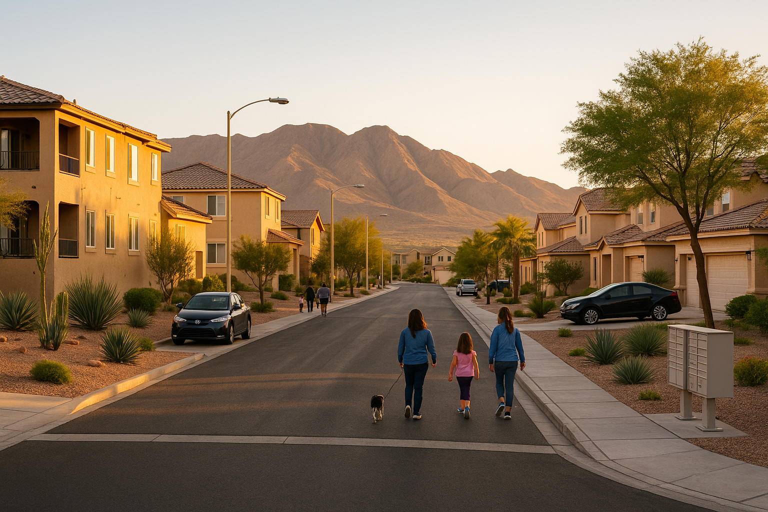Henderson Nevada residential street with mix of rental apartments and single-family homes showing different housing options with desert mountain backdrop