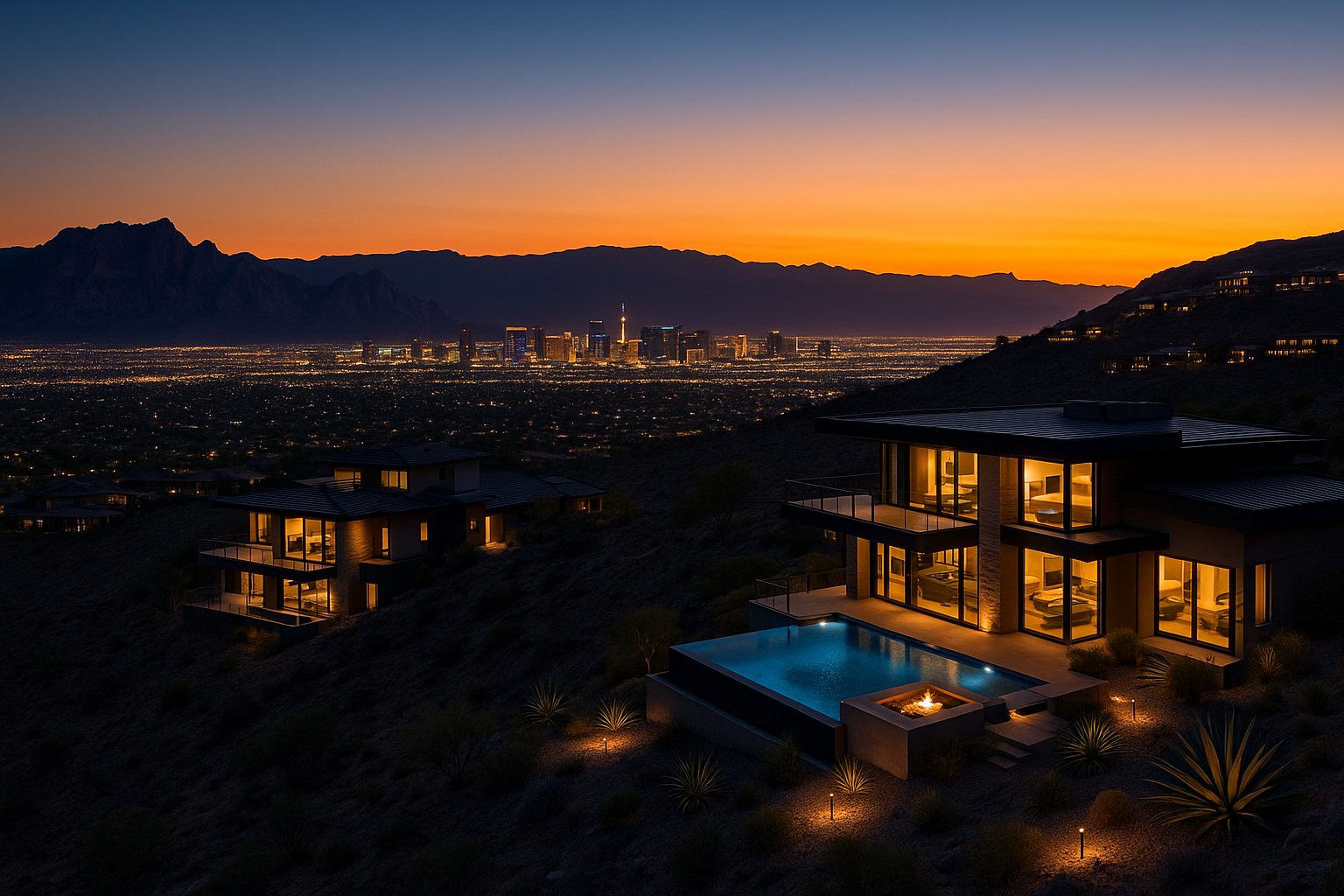 Luxury homes overlooking Las Vegas Valley showcasing Henderson's MacDonald Highlands and Las Vegas Summerlin communities with desert mountain backdrop and city views