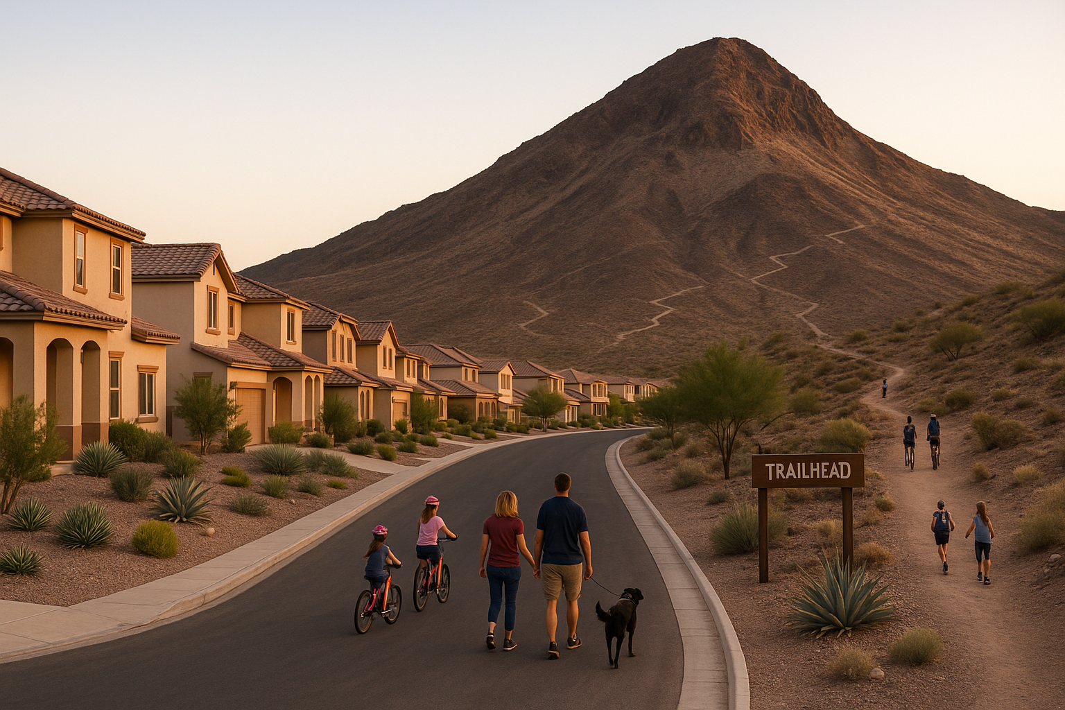 McCullough Hills Henderson Nevada hillside community showing mountain views, hiking trails, family homes against Black Mountain backdrop