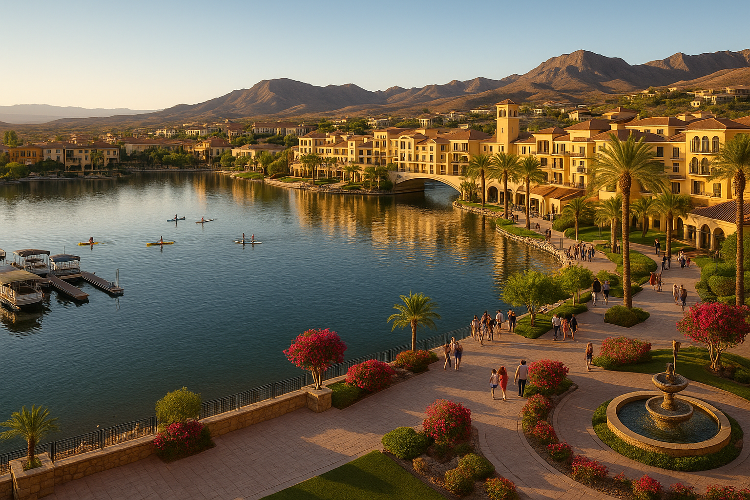 Lake Las Vegas Henderson Nevada 320-acre lake surrounded by Mediterranean-style homes, resort amenities, and mountain views in desert setting