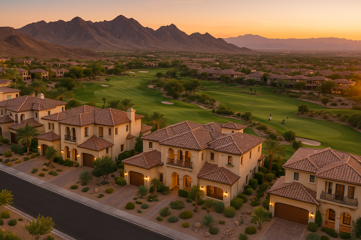 Seven Hills Henderson Nevada master-planned community showing Italian-inspired homes, Rio Secco golf course, and mountain views with desert landscaping