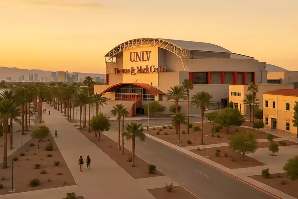 University of Nevada Las Vegas campus in Paradise showing Thomas & Mack Center, 25,000 students, academic facilities, and educational anchor contributing to community character
