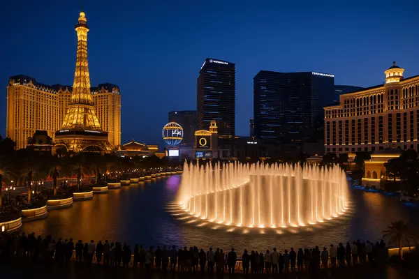 Las Vegas Strip in Paradise Nevada featuring Bellagio fountains, resort hotels, 4.2-mile entertainment corridor, and iconic tourist attractions drawing 42 million annual visitors