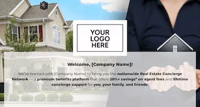 Branded company landing page for Real Estate Concierge Network with savings and lifetime support benefits.