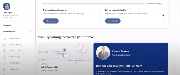 Real estate concierge dashboard showing agent-branded tools for moving, insurance, and utilities.