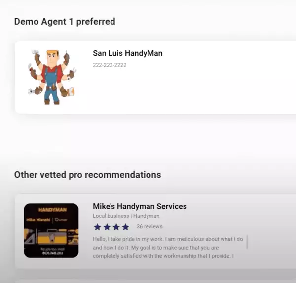 Concierge platform showing agent-preferred vendors and vetted handyman service recommendations.