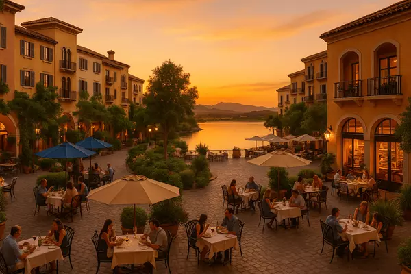 MonteLago Village Lake Las Vegas Mediterranean architecture featuring cobblestone piazza, waterfront dining, European-style shopping, and cultural entertainment venues with lake views