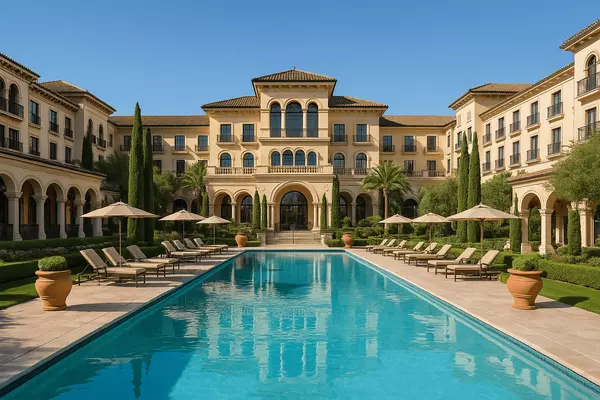 Green Valley Ranch Resort Casino Spa featuring European architecture, The Backyard pool with sand-bottom entry, luxury amenities, and integrated resort living for community residents