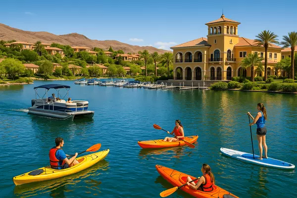 Lake Las Vegas private lake water sports featuring boating, kayaking, paddleboarding, marina access, yacht club amenities, and comprehensive water recreation exclusive to residents