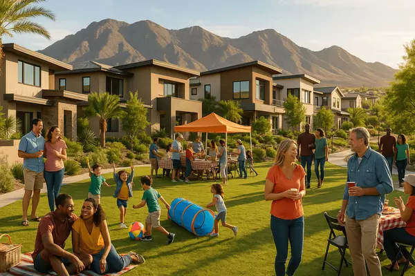 Anthem Henderson community culture featuring elevated lifestyle, mountain living, neighborhood gatherings, and residents enjoying elevated community advantages