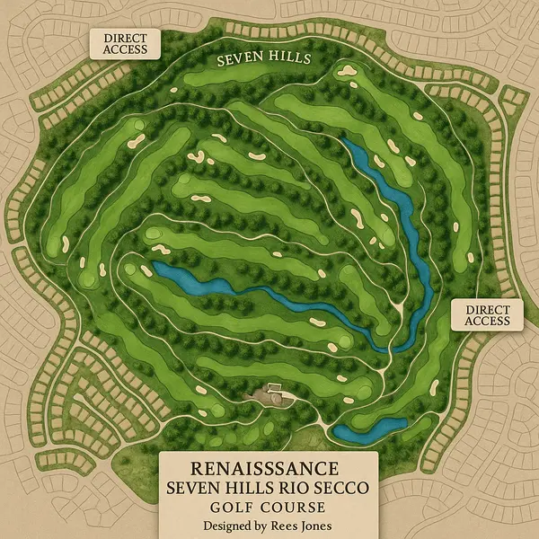 Renaissance Seven Hills Rio Secco golf course access featuring championship Rees Jones design, three sides adjacent to community, direct course access, and exclusive golf course living for Renaissance residents