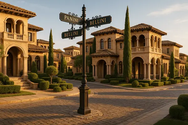 Renaissance Seven Hills Italian street names featuring Panini Drive, Bellini Drive, Botticelli Drive with authentic Italian Renaissance architecture and luxury homes throughout Henderson