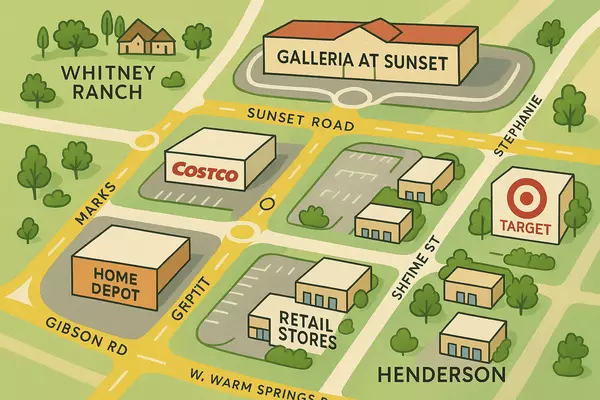 Galleria at Sunset Henderson comprehensive shopping near Whitney Ranch featuring major retailers, dining options, and convenient family services supporting community lifestyle