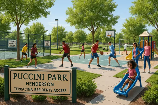 Seven Hills Henderson Puccini Park featuring tennis courts, basketball courts, volleyball facilities, playground amenities, and comprehensive recreation supporting Terracina residents' Tuscan villa lifestyle
