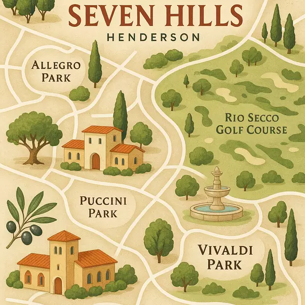 Seven Hills Henderson Italian integration featuring Allegro Park, Puccini Park, Vivaldi Park, Rio Secco Golf Course, and comprehensive Mediterranean amenities supporting authentic Italian community lifestyle