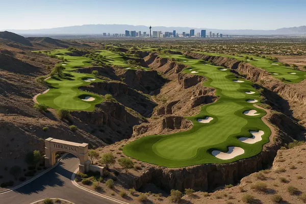Rio Secco Golf Course gateway through Terracina Seven Hills featuring championship course access, Rees Jones design, canyon golf holes, plateau Strip views, and preferred access for guard-gated community residents